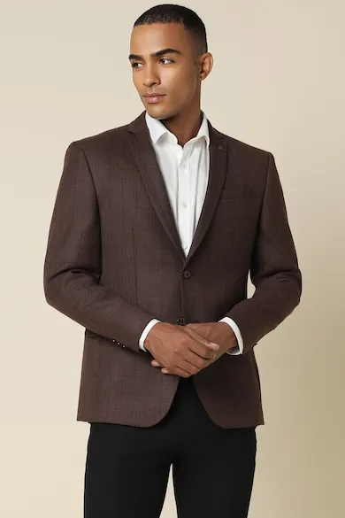 Men Brown Slim Fit Check Formal Blazer